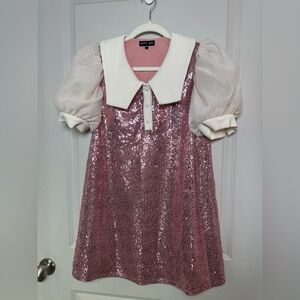 Sister Jane Steller Sequin Retro Babydoll Pink & White Mini Dress, Size XS